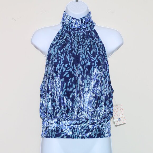 $78 FREE PEOPLE - Blue Velvet Take a Break Halter Top Shirt - Women's Small NEW - Picture 2 of 7